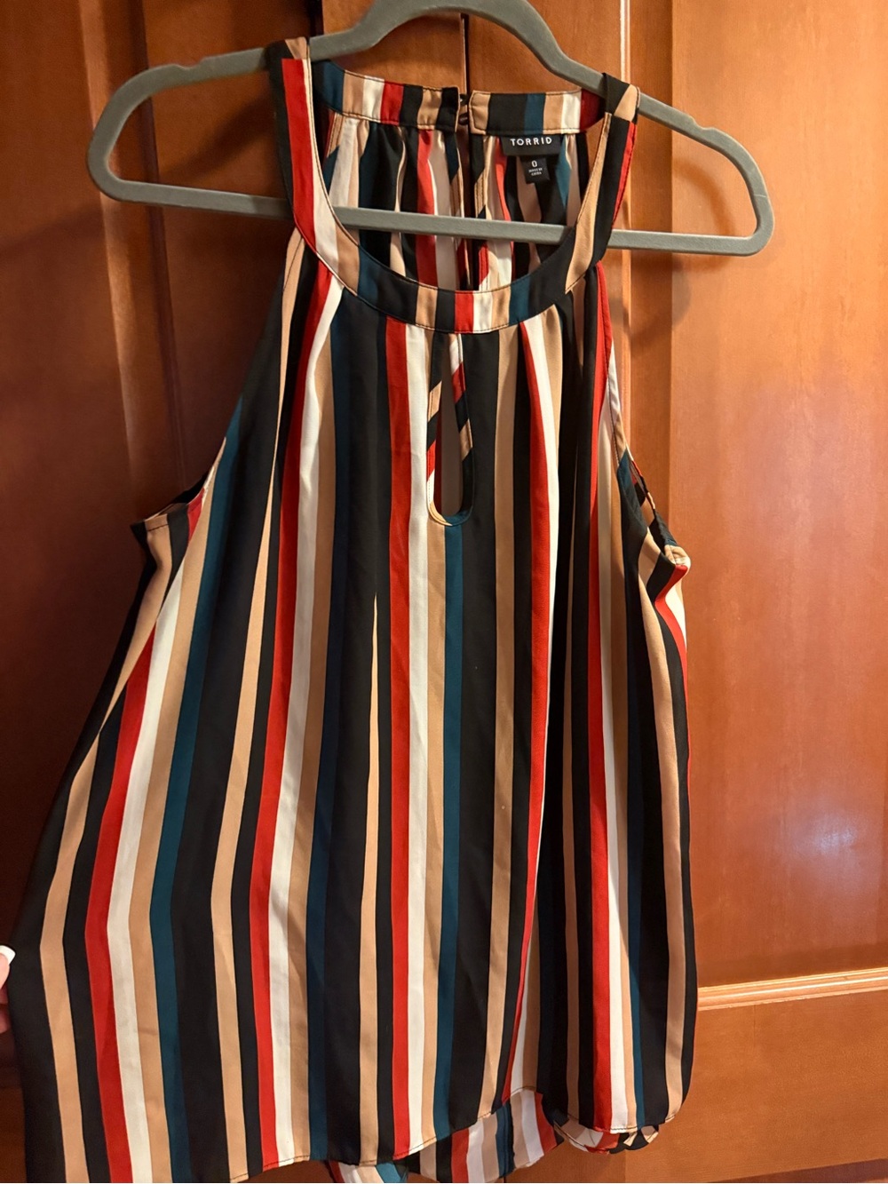 torrid Vertical Multi-Stripe Halter Tank in black,teal, Red, Cream